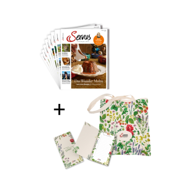 Servus Stofftasche mit Pflanzendruck und Servus Cover